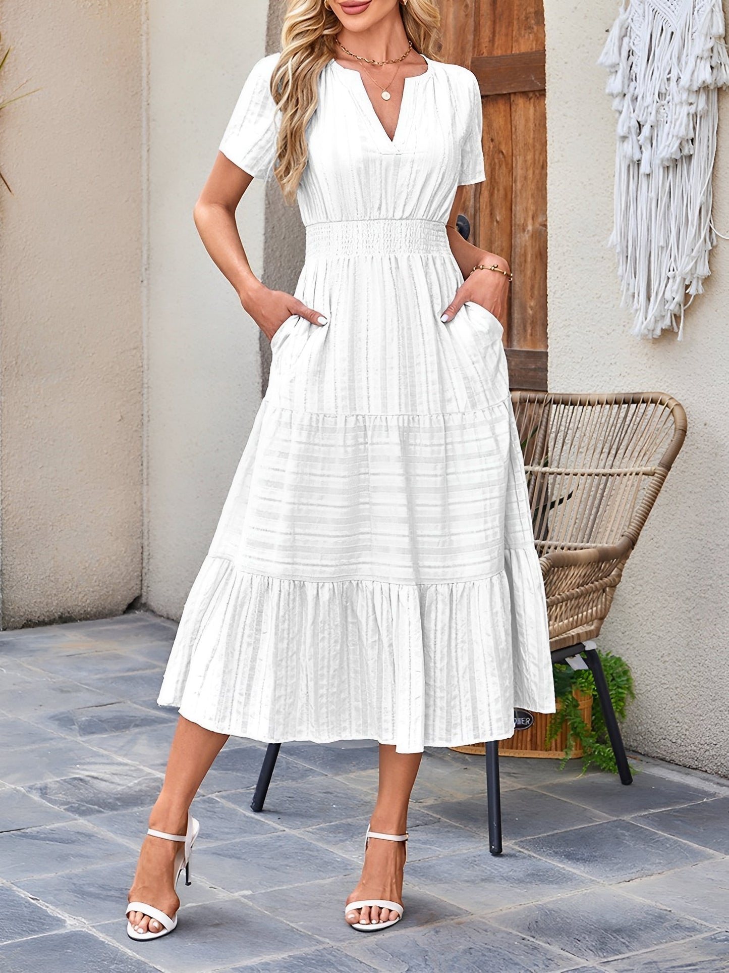 Women's Casual Notch Neck Puff Sleeve Smocked Waist Tiered Midi Dress with Pockets Summer Chic