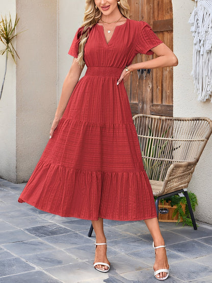 Women's Casual Notch Neck Puff Sleeve Smocked Waist Tiered Midi Dress with Pockets Summer Chic