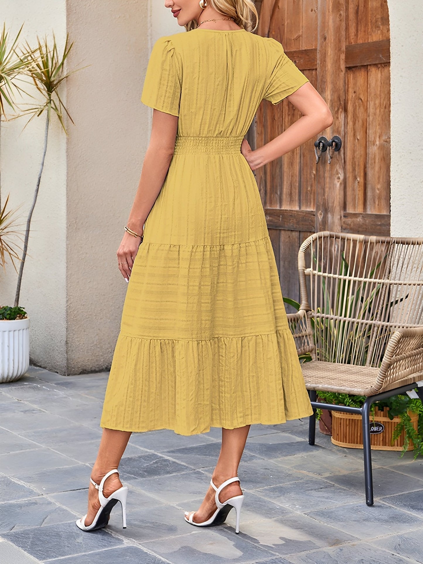 Women's Casual Notch Neck Puff Sleeve Smocked Waist Tiered Midi Dress with Pockets Summer Chic