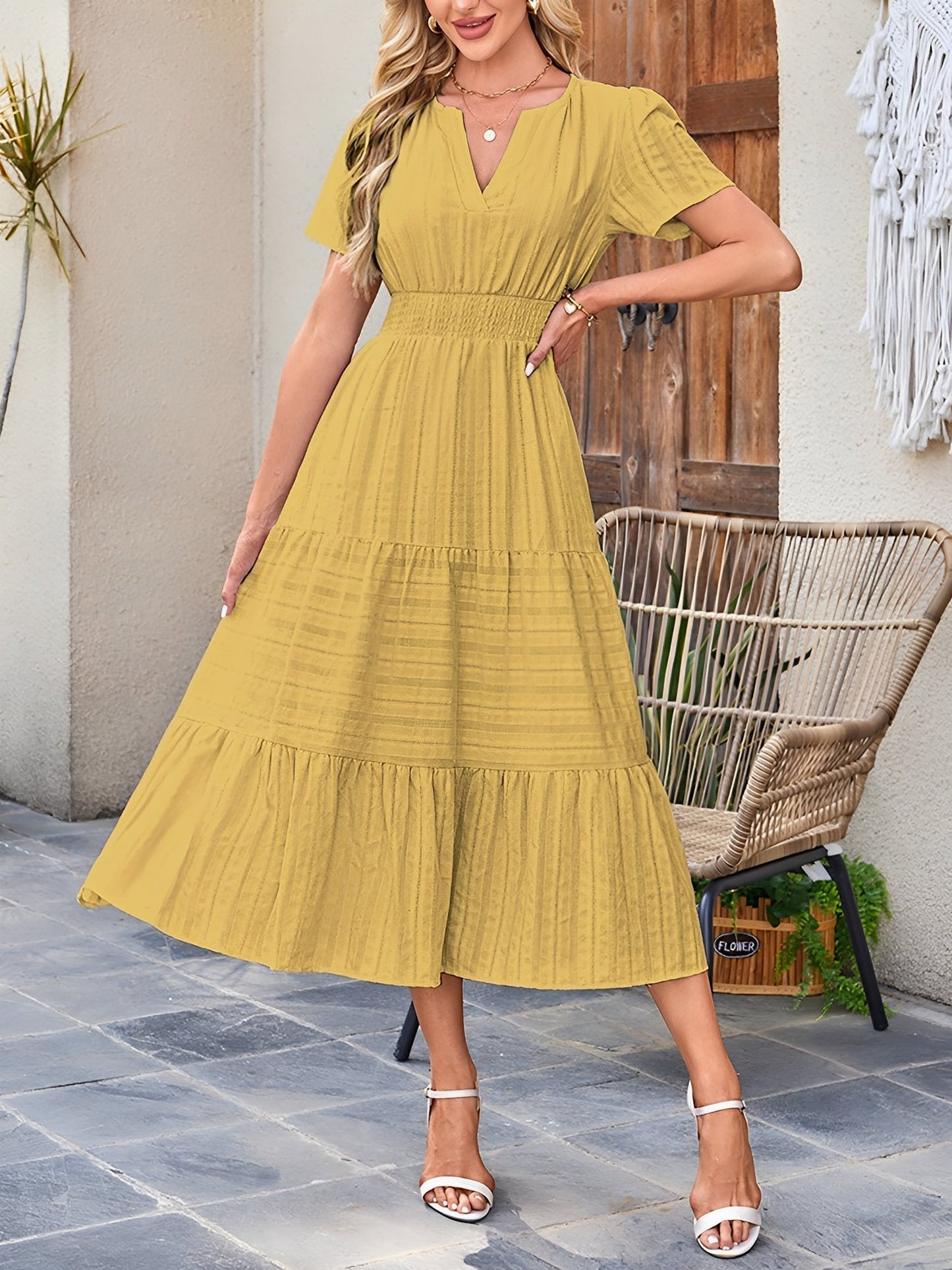 Women's Casual Notch Neck Puff Sleeve Smocked Waist Tiered Midi Dress with Pockets Summer Chic