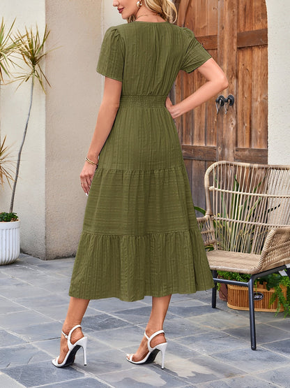 Women's Casual Notch Neck Puff Sleeve Smocked Waist Tiered Midi Dress with Pockets Summer Chic
