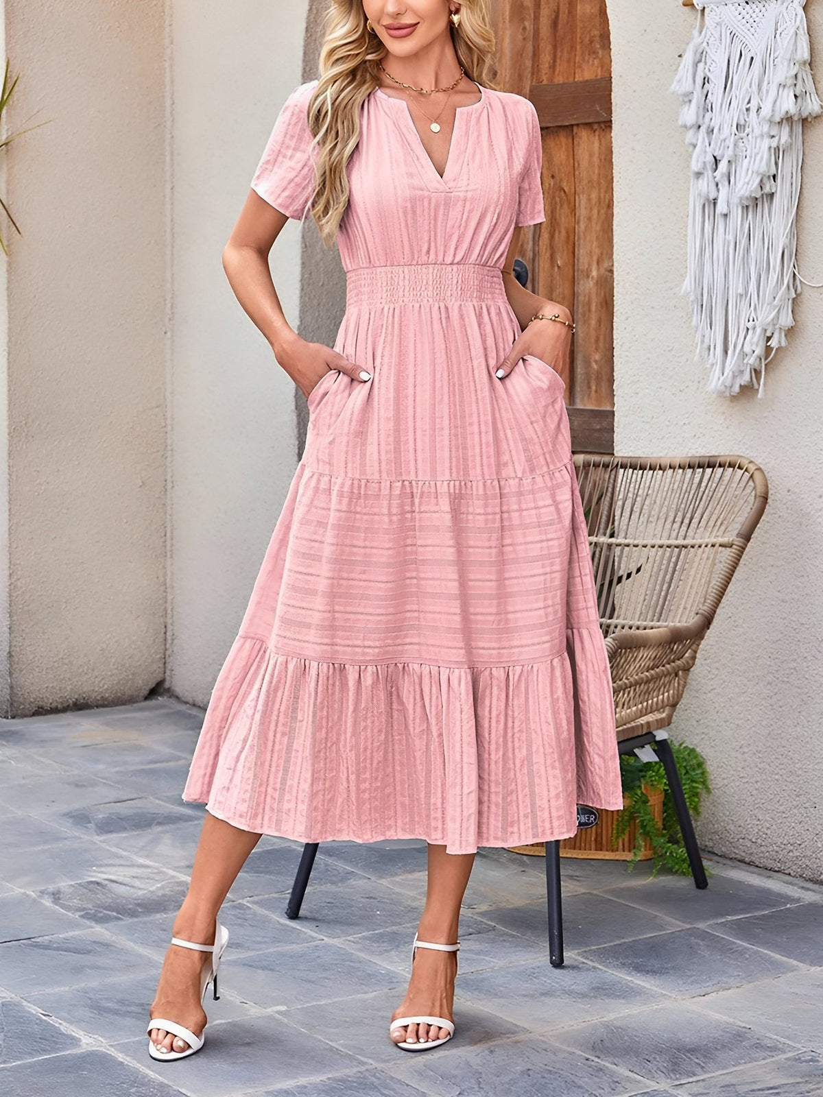 Women's Casual Notch Neck Puff Sleeve Smocked Waist Tiered Midi Dress with Pockets Summer Chic