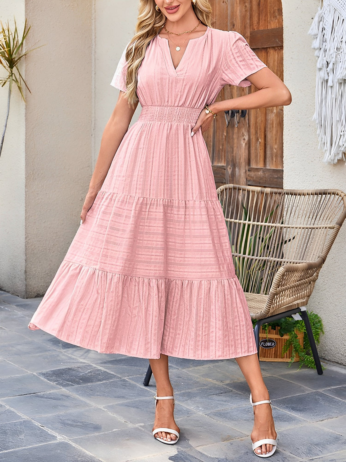 Women's Casual Notch Neck Puff Sleeve Smocked Waist Tiered Midi Dress with Pockets Summer Chic