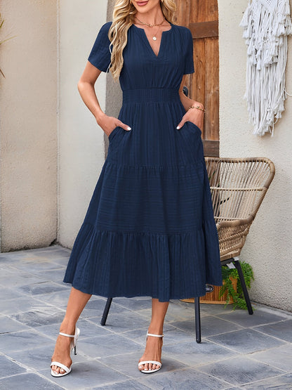 Women's Casual Notch Neck Puff Sleeve Smocked Waist Tiered Midi Dress with Pockets Summer Chic