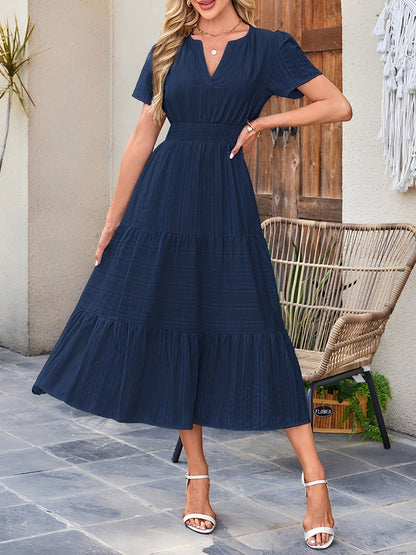 Women's Casual Notch Neck Puff Sleeve Smocked Waist Tiered Midi Dress with Pockets Summer Chic