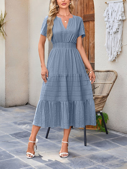 Women's Casual Notch Neck Puff Sleeve Smocked Waist Tiered Midi Dress with Pockets Summer Chic