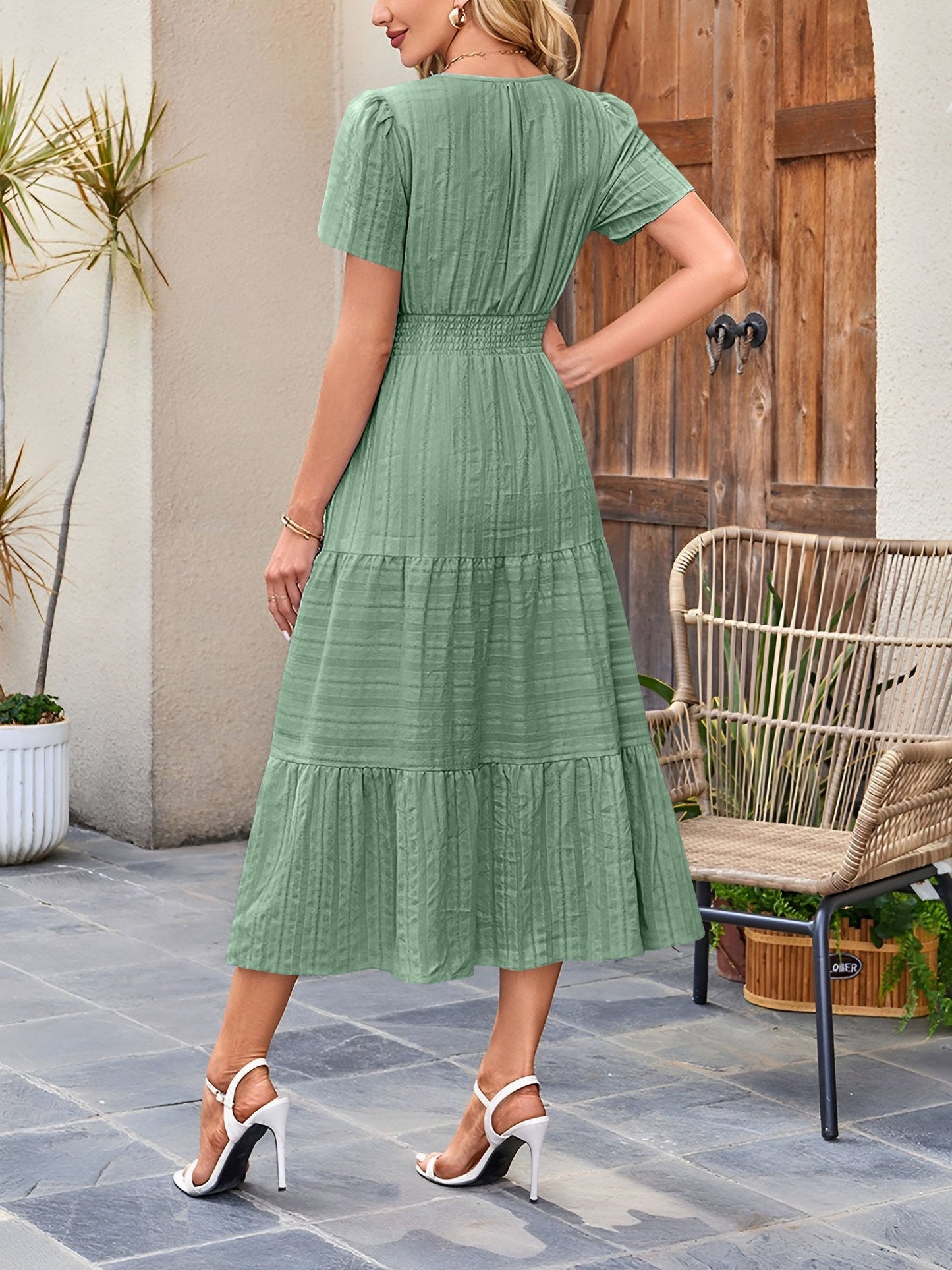 Women's Casual Notch Neck Puff Sleeve Smocked Waist Tiered Midi Dress with Pockets Summer Chic