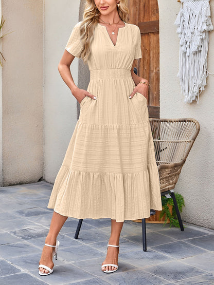 Women's Casual Notch Neck Puff Sleeve Smocked Waist Tiered Midi Dress with Pockets Summer Chic