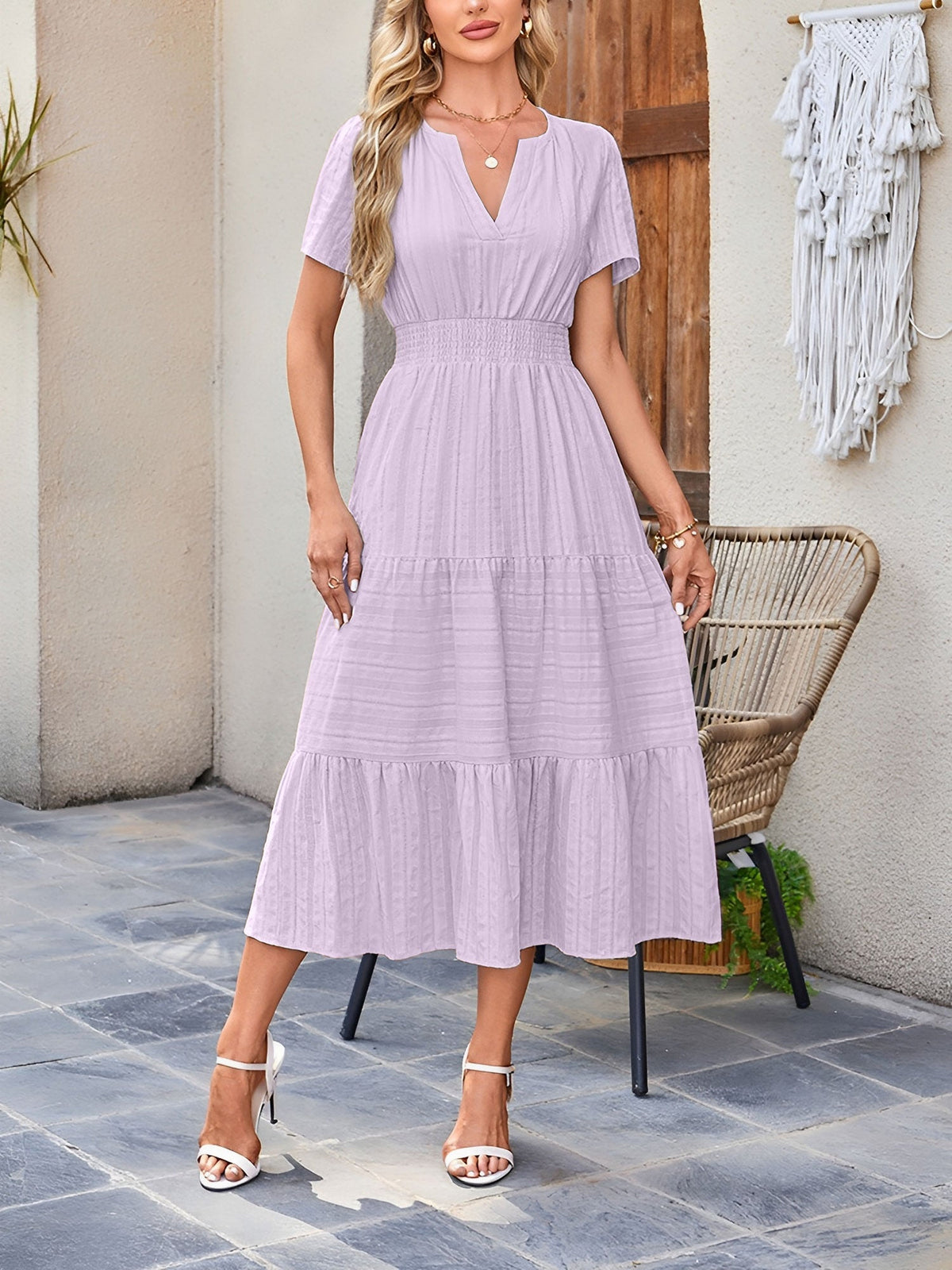 Women's Casual Notch Neck Puff Sleeve Smocked Waist Tiered Midi Dress with Pockets Summer Chic