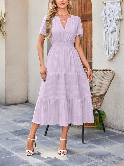 Women's Casual Notch Neck Puff Sleeve Smocked Waist Tiered Midi Dress with Pockets Summer Chic