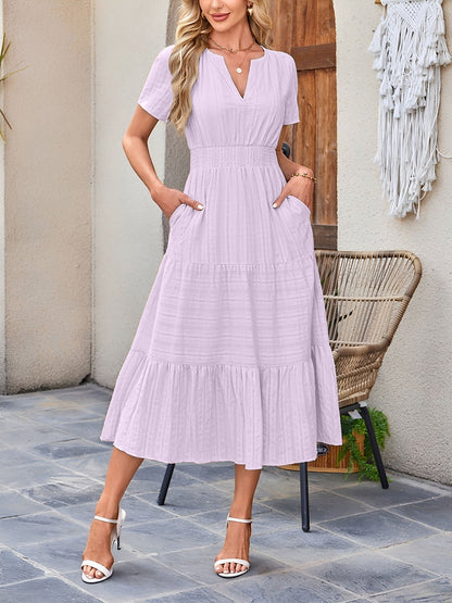 Women's Casual Notch Neck Puff Sleeve Smocked Waist Tiered Midi Dress with Pockets Summer Chic