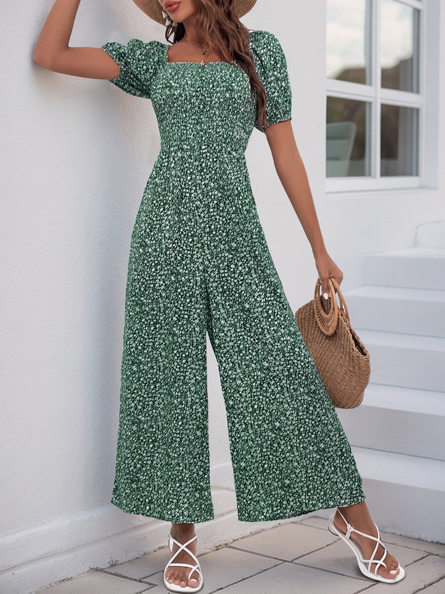 Square Neck Puff Sleeve Printed Smocked Pocketed Wide Legs Jumpsuit
