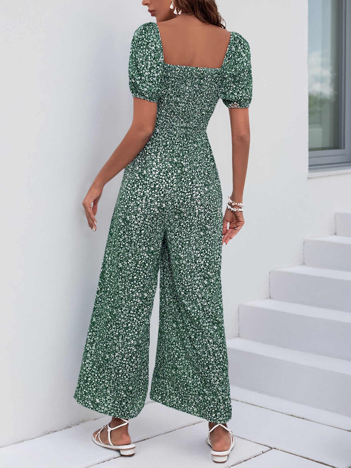 Square Neck Puff Sleeve Printed Smocked Pocketed Wide Legs Jumpsuit