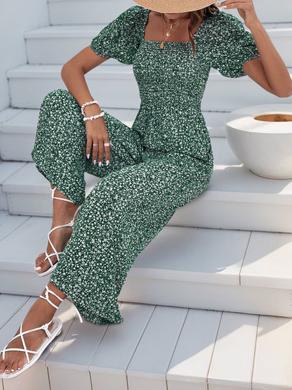 Square Neck Puff Sleeve Printed Smocked Pocketed Wide Legs Jumpsuit