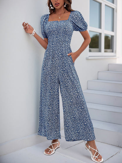 Square Neck Puff Sleeve Printed Smocked Pocketed Wide Legs Jumpsuit
