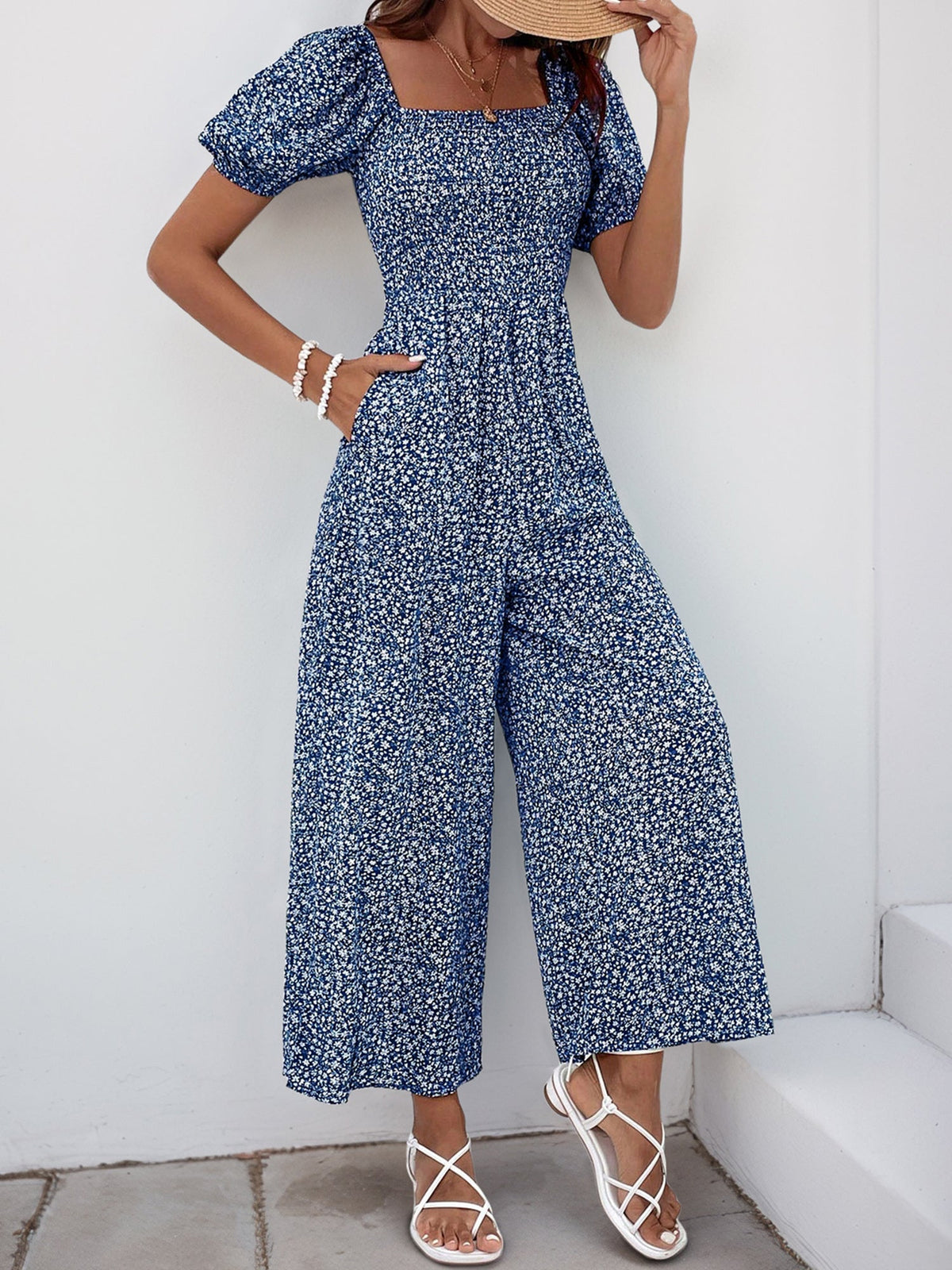 Square Neck Puff Sleeve Printed Smocked Pocketed Wide Legs Jumpsuit