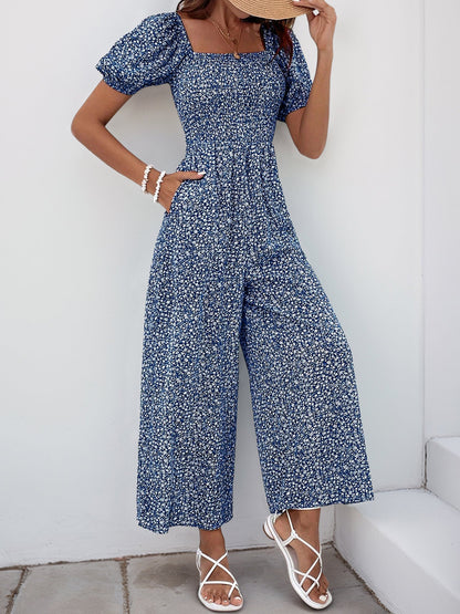 Square Neck Puff Sleeve Printed Smocked Pocketed Wide Legs Jumpsuit