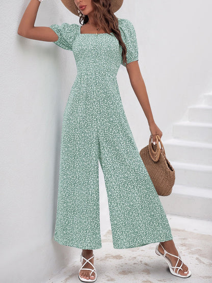 Square Neck Puff Sleeve Printed Smocked Pocketed Wide Legs Jumpsuit