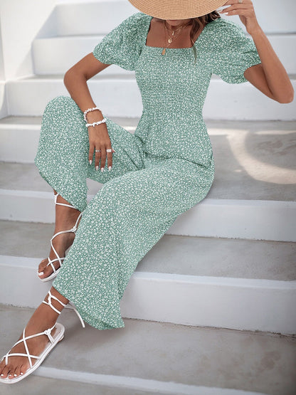 Square Neck Puff Sleeve Printed Smocked Pocketed Wide Legs Jumpsuit