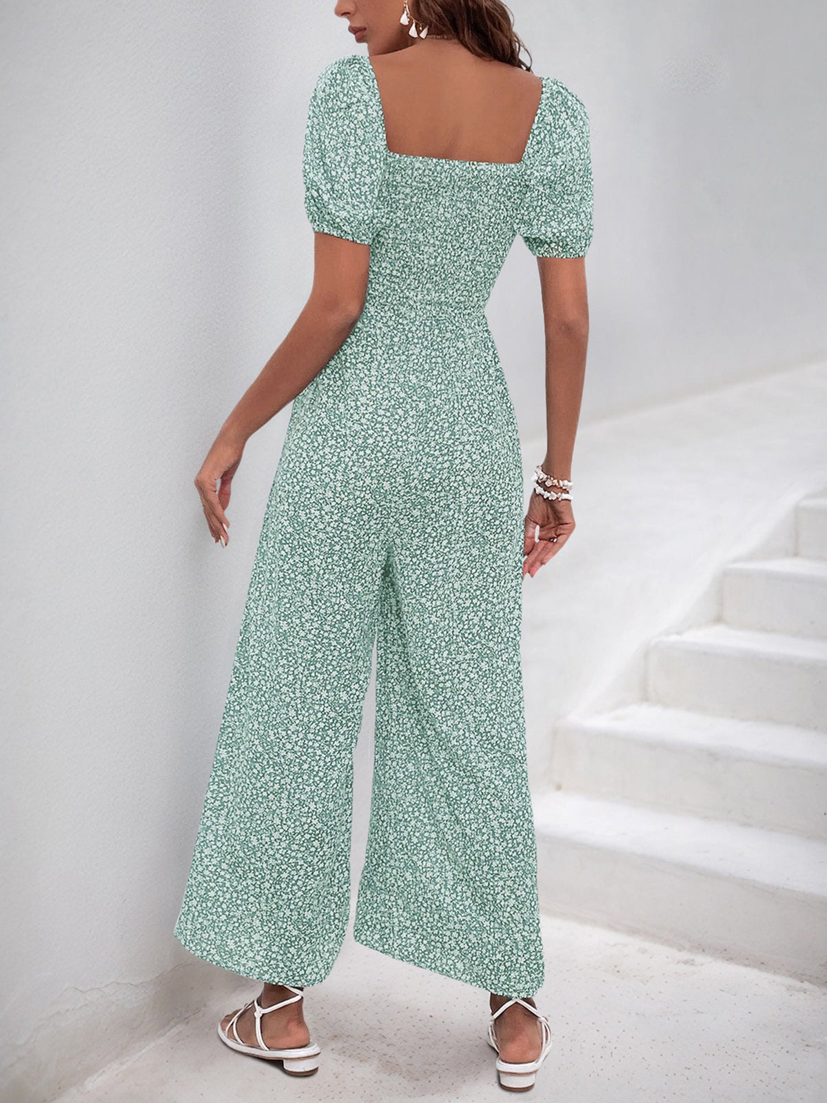 Square Neck Puff Sleeve Printed Smocked Pocketed Wide Legs Jumpsuit