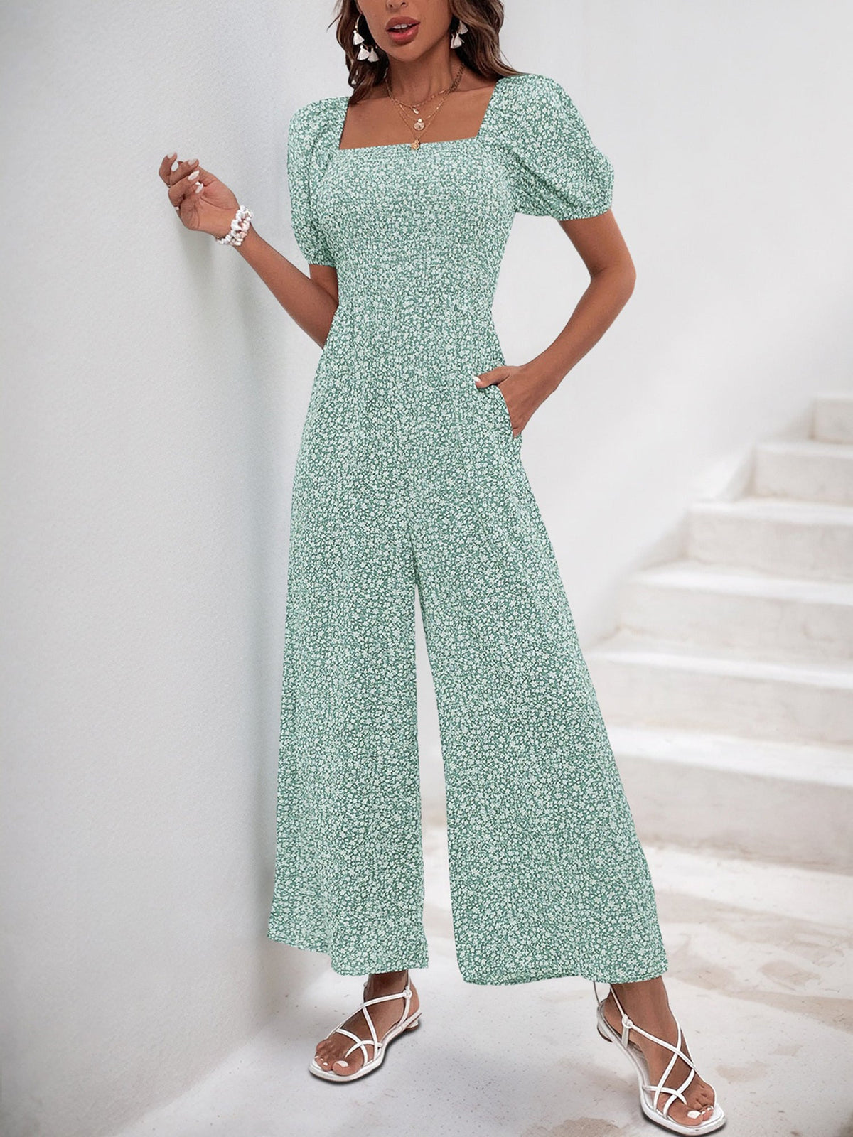Square Neck Puff Sleeve Printed Smocked Pocketed Wide Legs Jumpsuit