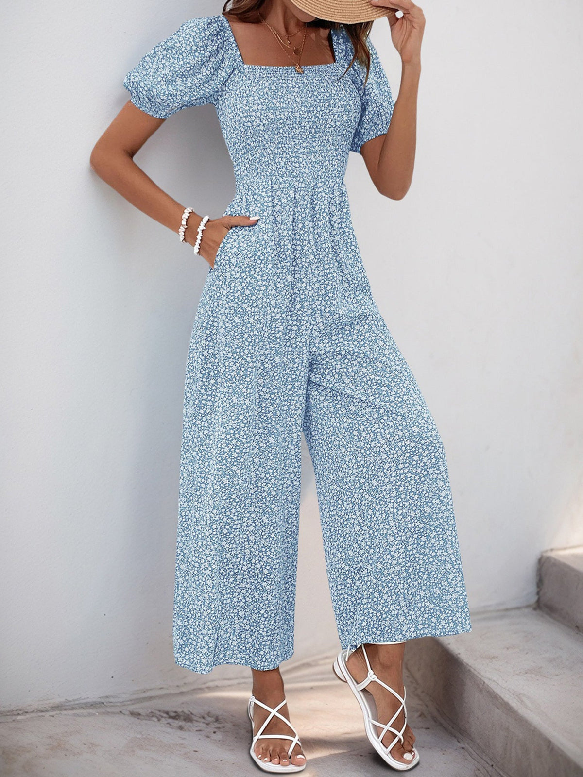 Square Neck Puff Sleeve Printed Smocked Pocketed Wide Legs Jumpsuit
