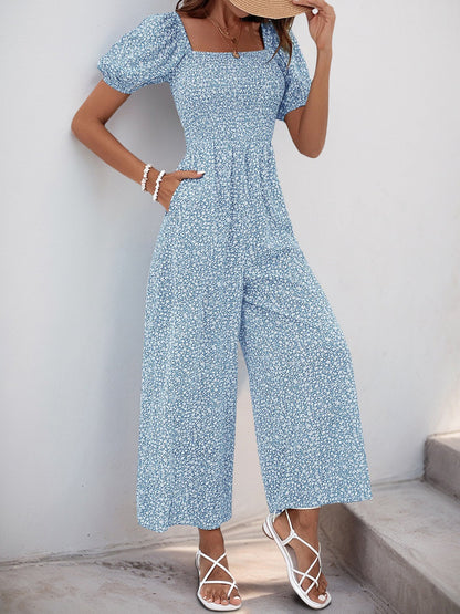 Square Neck Puff Sleeve Printed Smocked Pocketed Wide Legs Jumpsuit