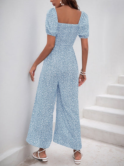 Square Neck Puff Sleeve Printed Smocked Pocketed Wide Legs Jumpsuit