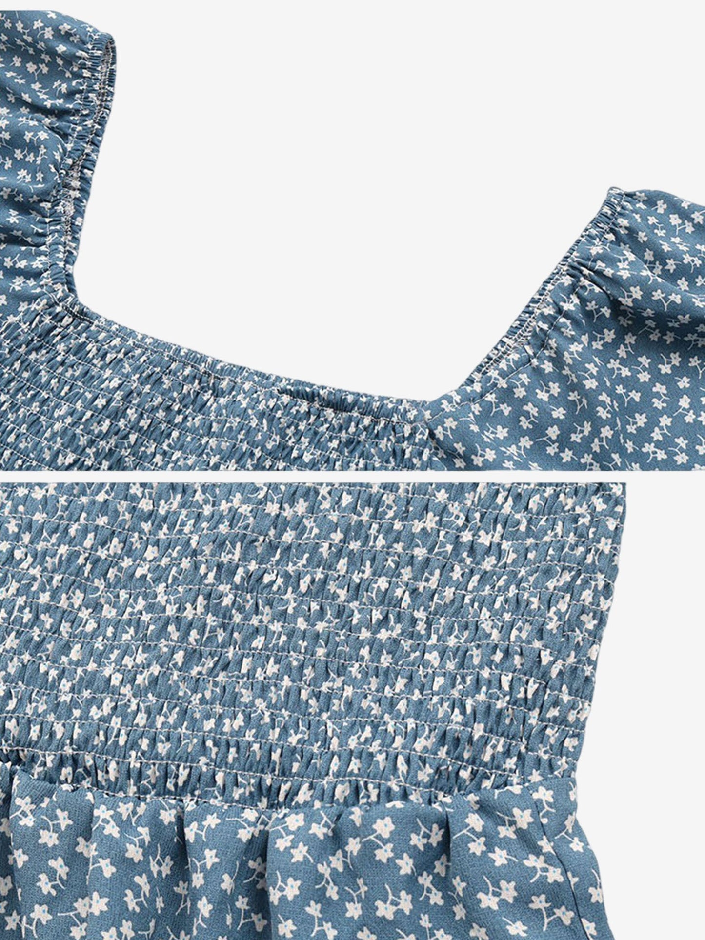 Square Neck Puff Sleeve Printed Smocked Pocketed Wide Legs Jumpsuit