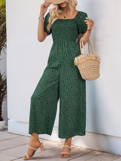 Square Neck Puff Sleeve Printed Smocked Pocketed Wide Legs Jumpsuit