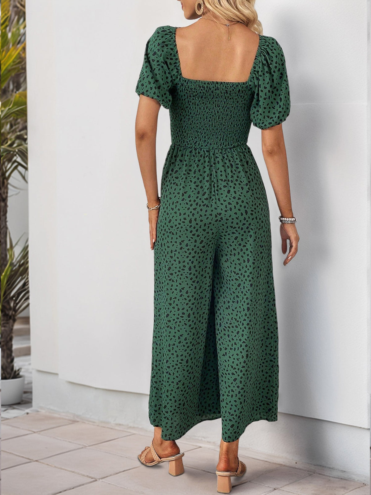 Square Neck Puff Sleeve Printed Smocked Pocketed Wide Legs Jumpsuit