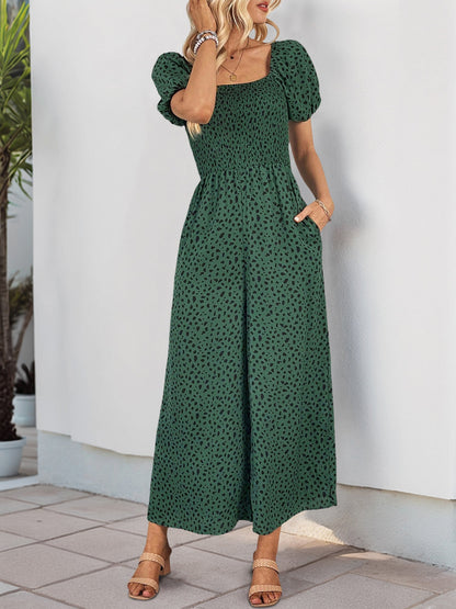 Square Neck Puff Sleeve Printed Smocked Pocketed Wide Legs Jumpsuit
