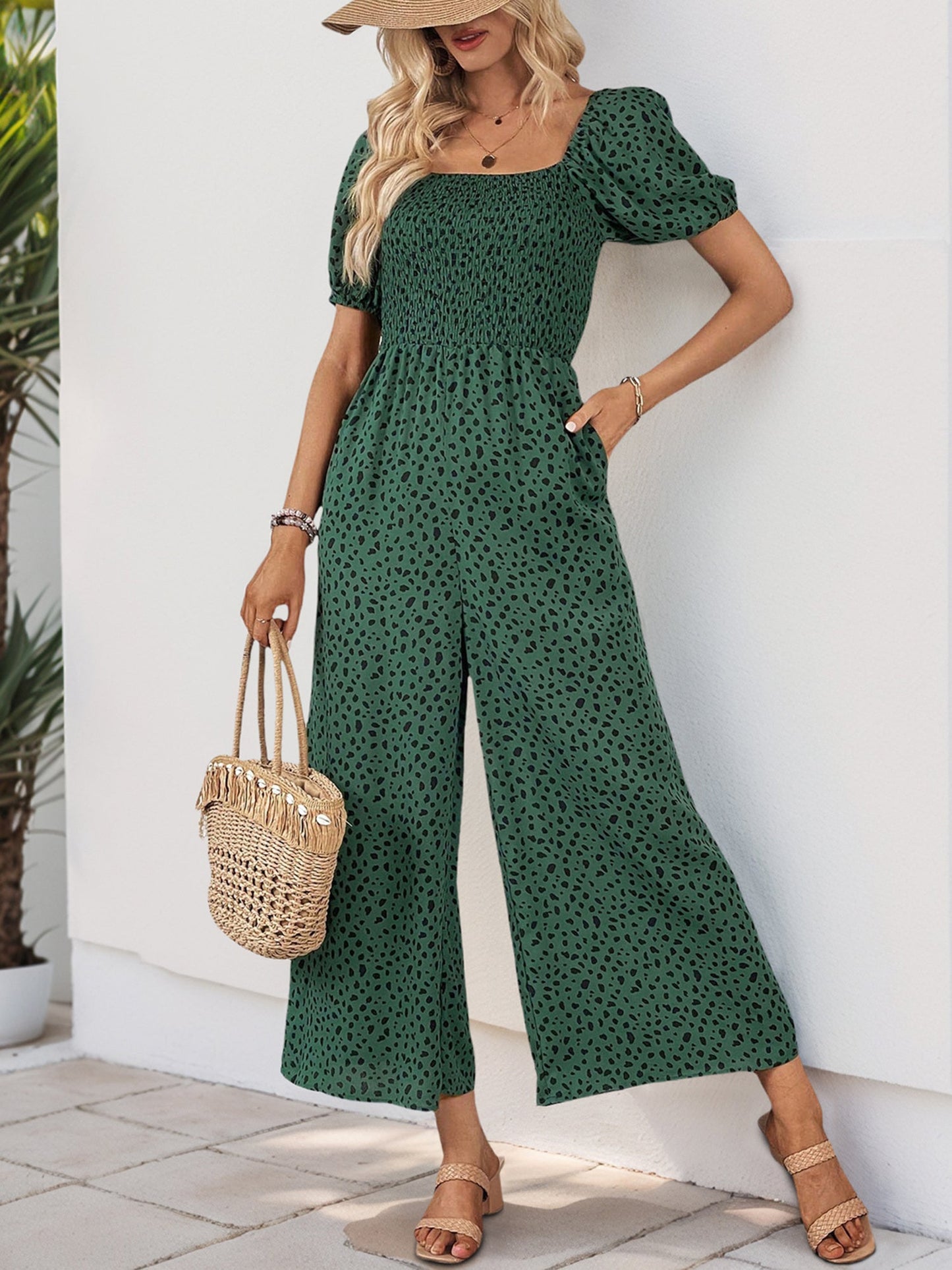 Square Neck Puff Sleeve Printed Smocked Pocketed Wide Legs Jumpsuit