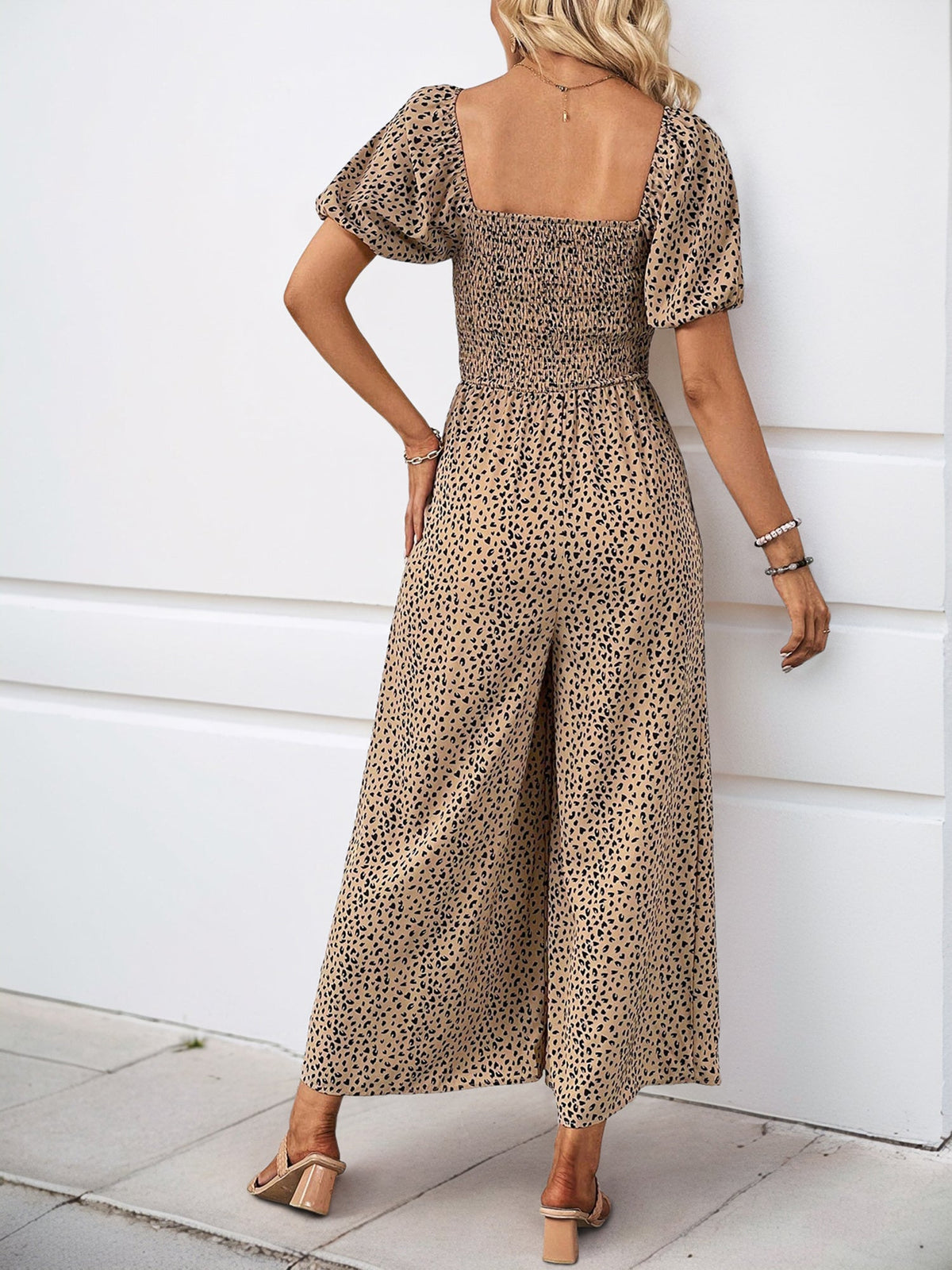 Square Neck Puff Sleeve Printed Smocked Pocketed Wide Legs Jumpsuit