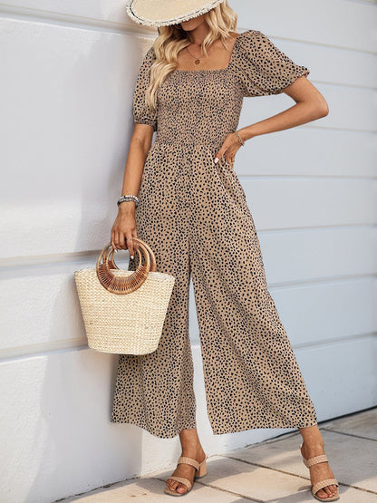 Square Neck Puff Sleeve Printed Smocked Pocketed Wide Legs Jumpsuit
