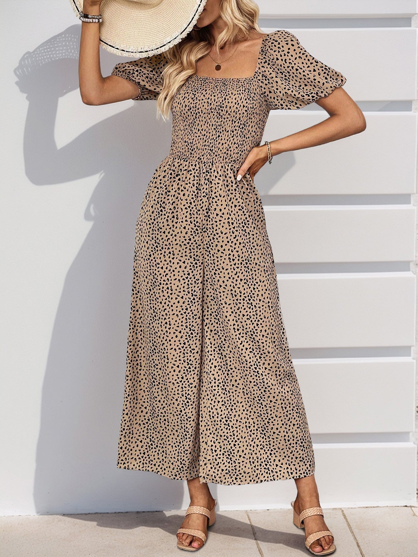 Square Neck Puff Sleeve Printed Smocked Pocketed Wide Legs Jumpsuit