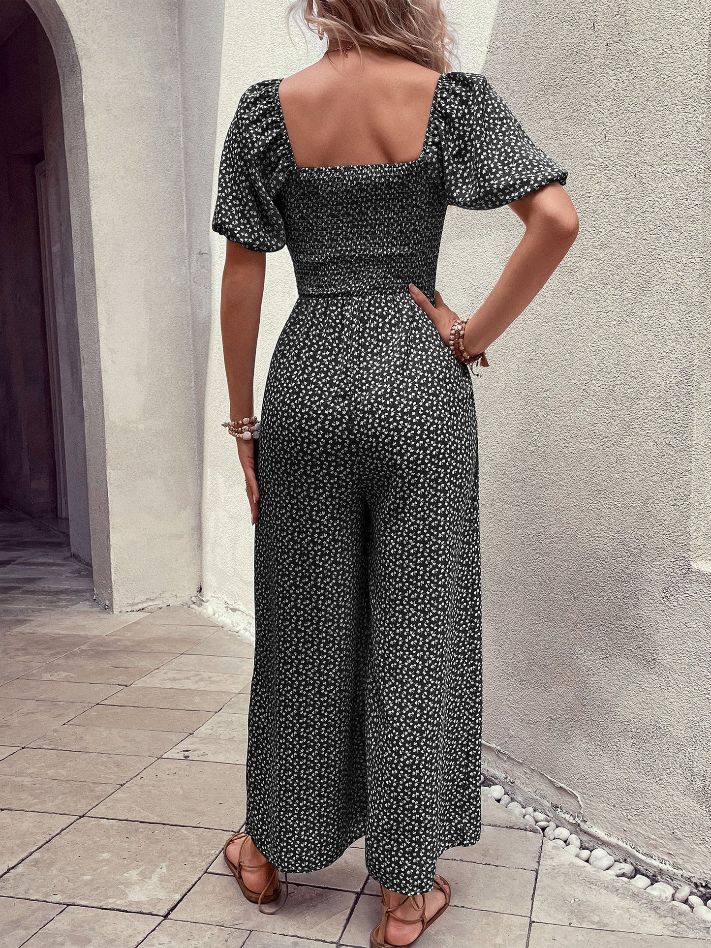 Square Neck Puff Sleeve Printed Smocked Pocketed Wide Legs Jumpsuit