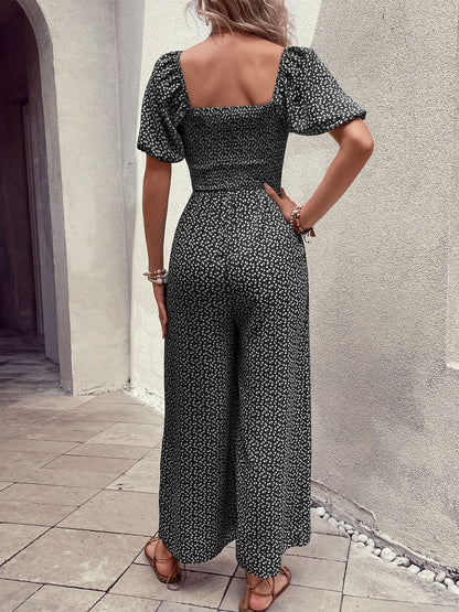 Square Neck Puff Sleeve Printed Smocked Pocketed Wide Legs Jumpsuit