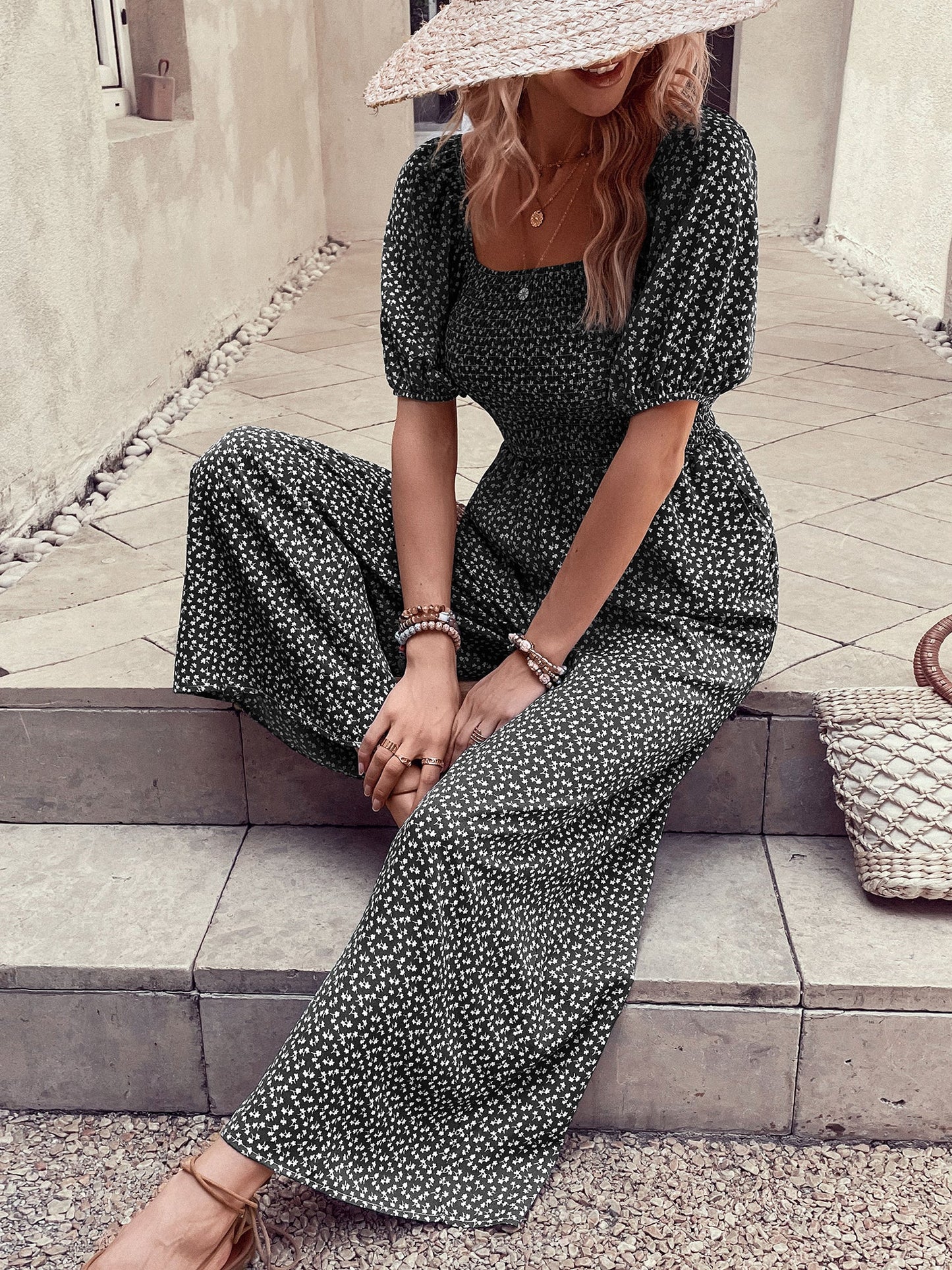 Square Neck Puff Sleeve Printed Smocked Pocketed Wide Legs Jumpsuit