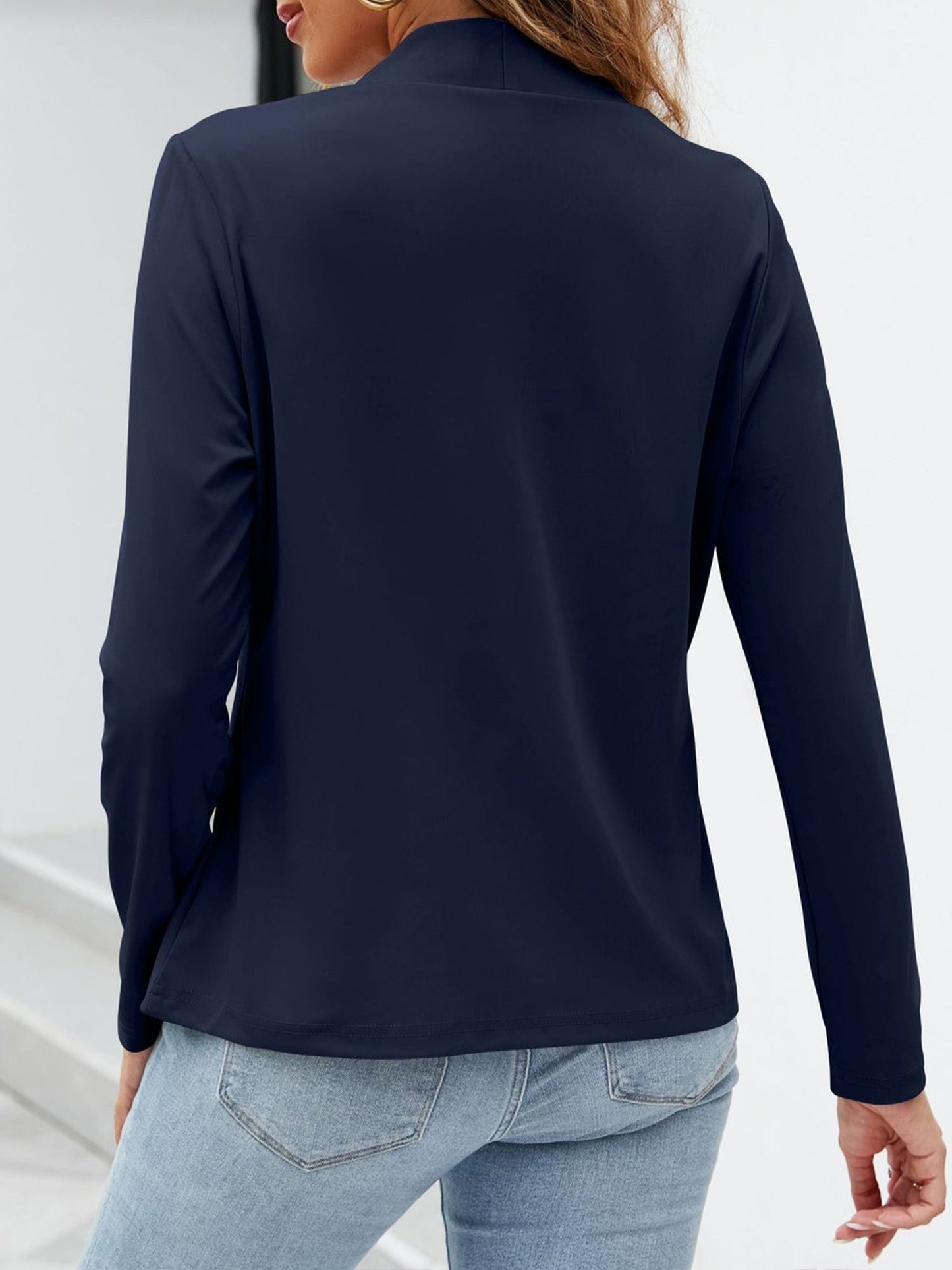 Collarless Open Front Pocketed Long Sleeves Jacket