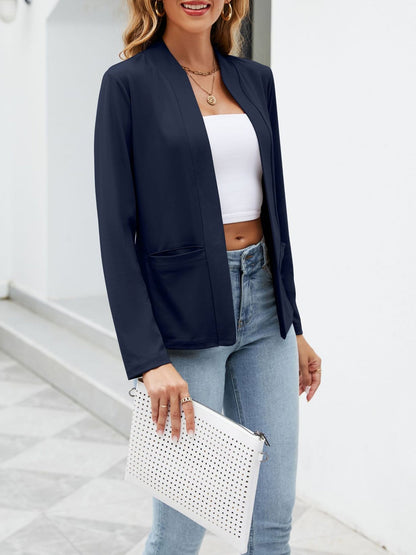 Collarless Open Front Pocketed Long Sleeves Jacket