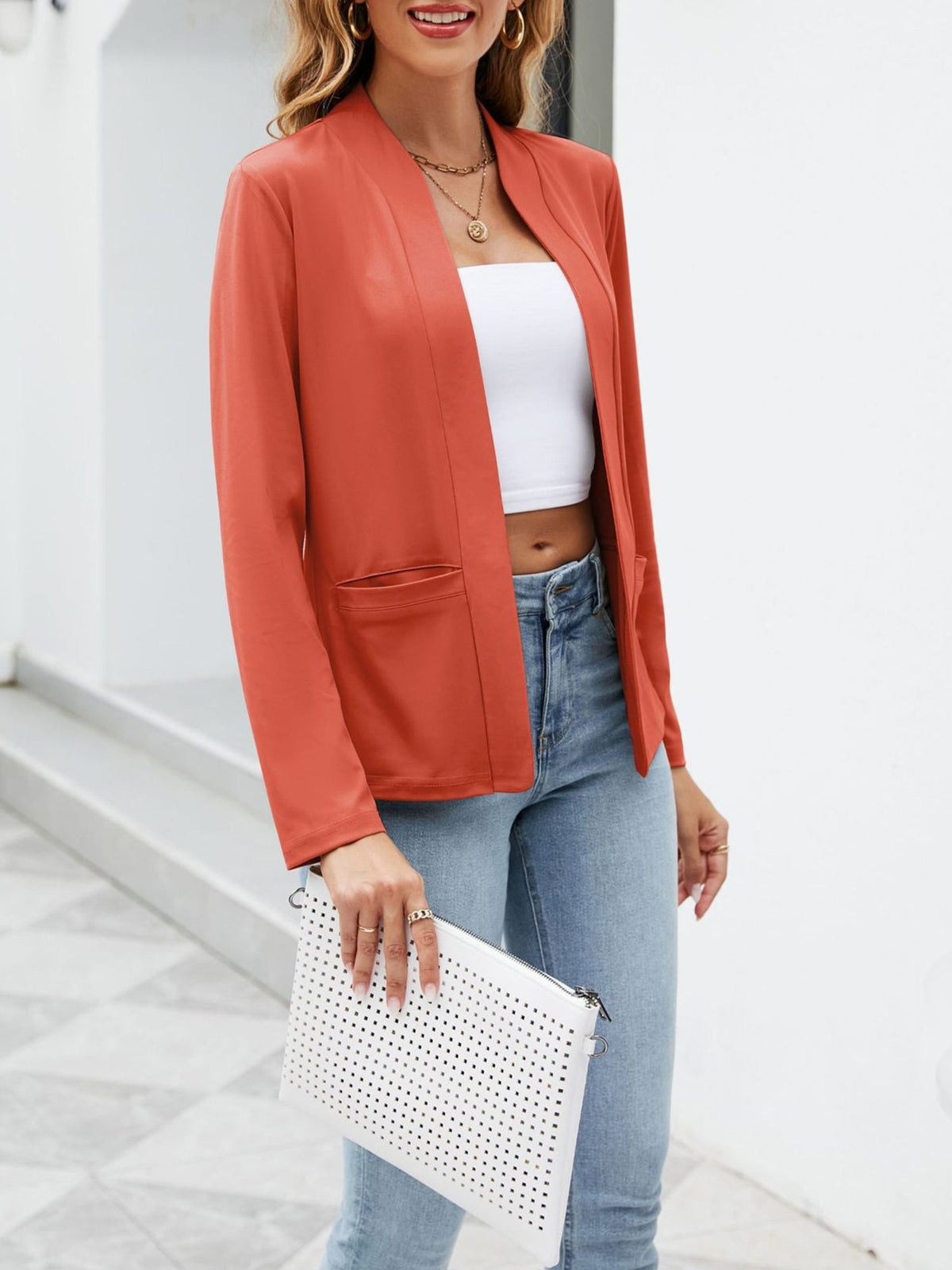 Collarless Open Front Pocketed Long Sleeves Jacket