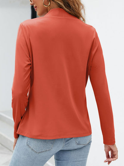 Collarless Open Front Pocketed Long Sleeves Jacket