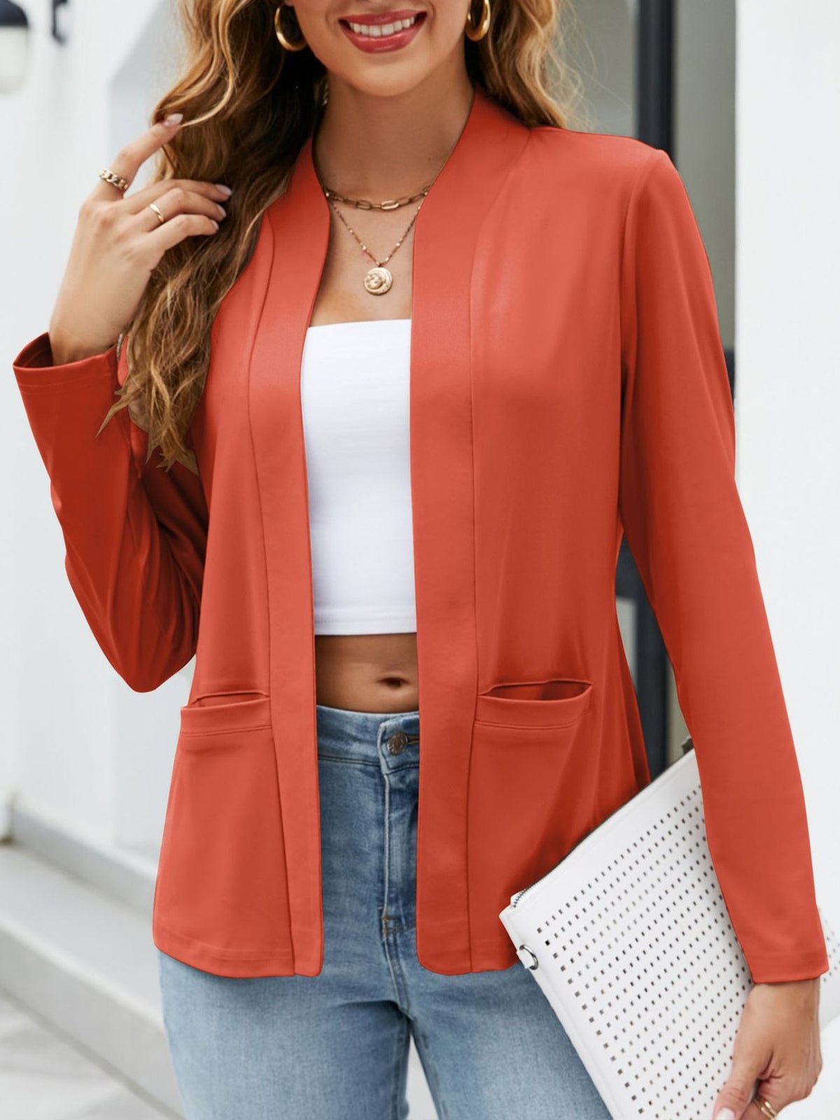 Collarless Open Front Pocketed Long Sleeves Jacket