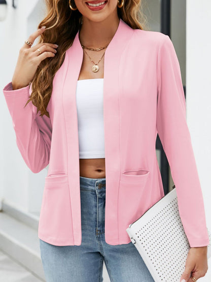 Collarless Open Front Pocketed Long Sleeves Jacket