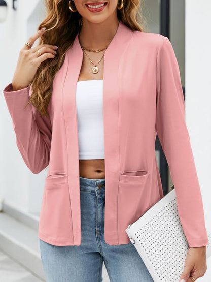 Collarless Open Front Pocketed Long Sleeves Jacket