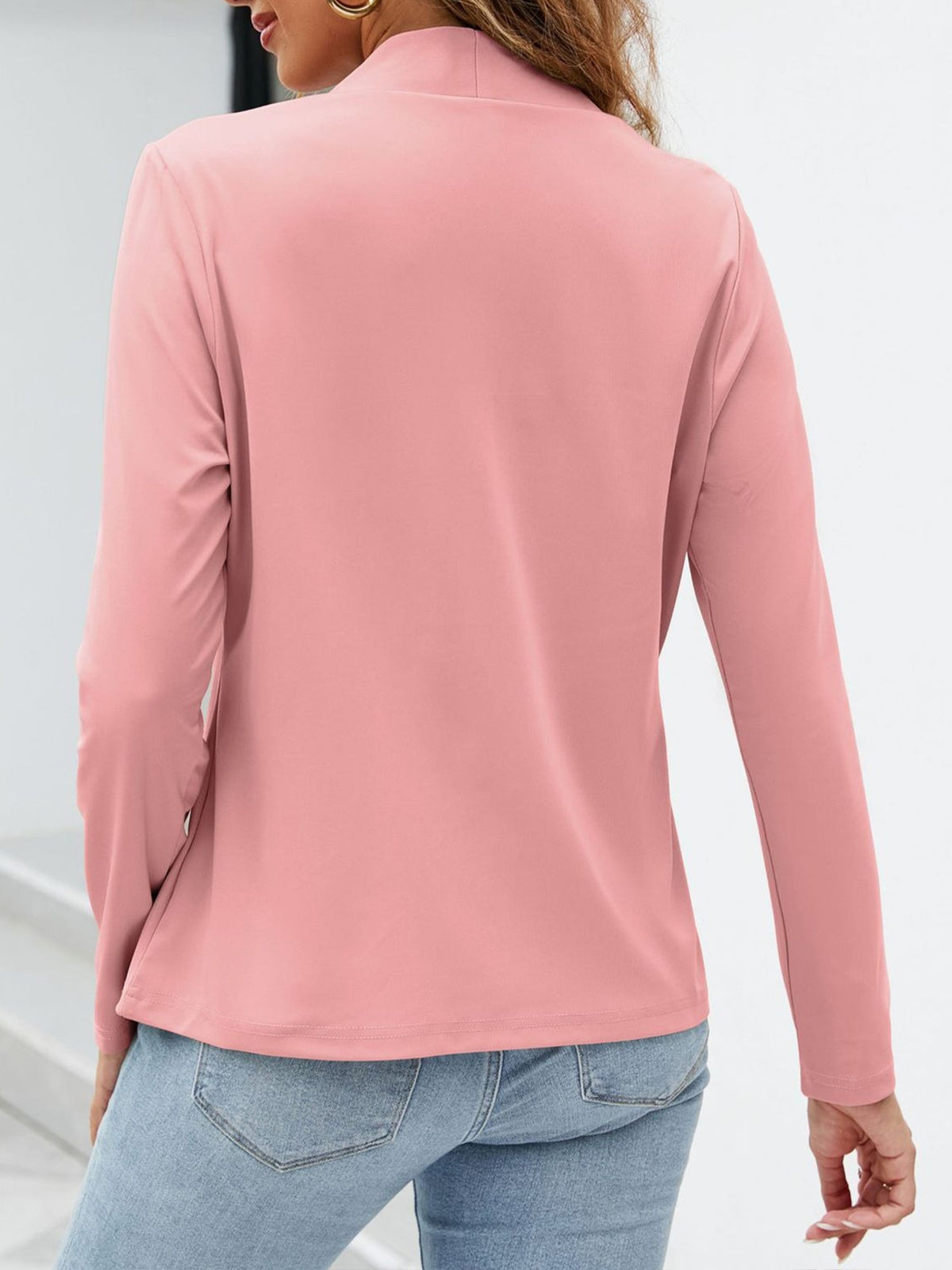 Collarless Open Front Pocketed Long Sleeves Jacket