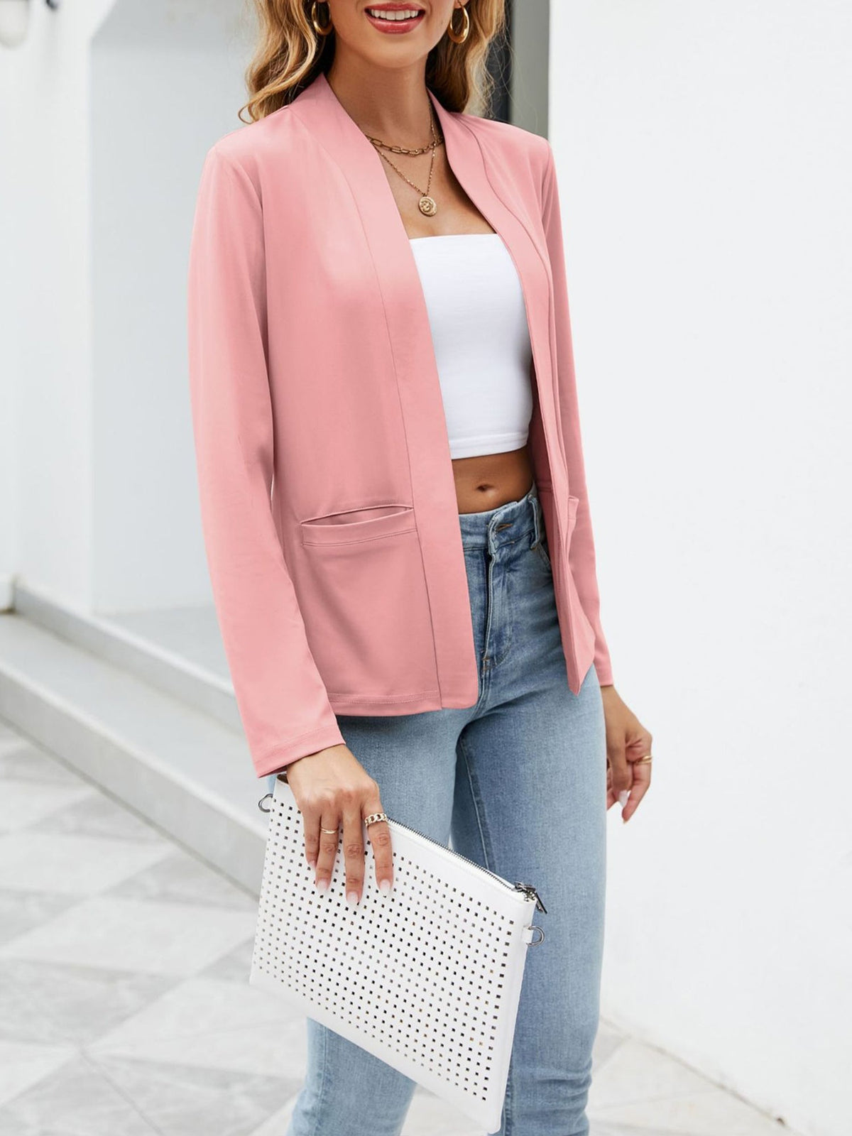 Collarless Open Front Pocketed Long Sleeves Jacket