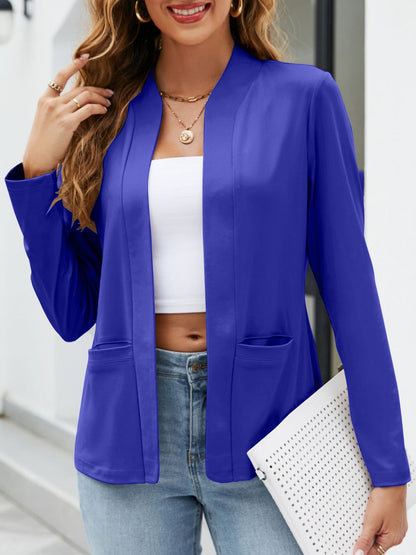 Collarless Open Front Pocketed Long Sleeves Jacket