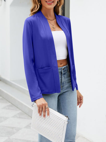 Collarless Open Front Pocketed Long Sleeves Jacket